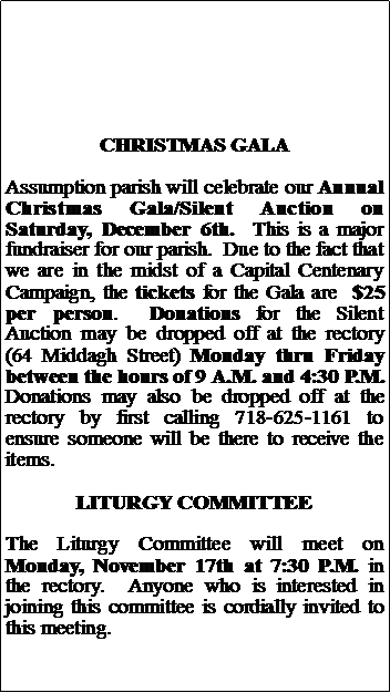Text Box: CHRISTMAS GALAAssumption parish will celebrate our Annual Christmas Gala/Silent Auction on Saturday, December 6th.  This is a major fundraiser for our parish.  Due to the fact that we are in the midst of a Capital Centenary Campaign, the tickets for the Gala are  $25 per person.  Donations for the Silent Auction may be dropped off at the rectory (64 Middagh Street) Monday thru Friday between the hours of 9 A.M. and 4:30 P.M.  Donations may also be dropped off at the rectory by first calling 718-625-1161 to ensure someone will be there to receive the items.LITURGY COMMITTEEThe Liturgy Committee will meet on Monday, November 17th at 7:30 P.M. in the rectory.  Anyone who is interested in joining this committee is cordially invited to this meeting.