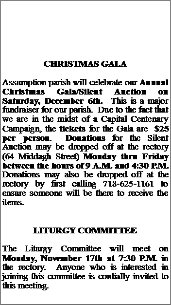 Text Box: CHRISTMAS GALAAssumption parish will celebrate our Annual Christmas Gala/Silent Auction on Saturday, December 6th.  This is a major fundraiser for our parish.  Due to the fact that we are in the midst of a Capital Centenary Campaign, the tickets for the Gala are  $25 per person.  Donations for the Silent Auction may be dropped off at the rectory (64 Middagh Street) Monday thru Friday between the hours of 9 A.M. and 4:30 P.M.  Donations may also be dropped off at the rectory by first calling 718-625-1161 to ensure someone will be there to receive the items.LITURGY COMMITTEEThe Liturgy Committee will meet on Monday, November 17th at 7:30 P.M. in the rectory.  Anyone who is interested in joining this committee is cordially invited to this meeting.